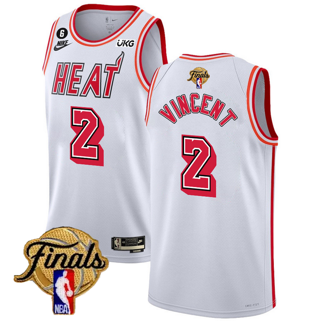 Men's Miami Heat #2 Gabe Vincent White 2023 Finals Classic Edition With NO.6 Patch Stitched Basketball Jersey